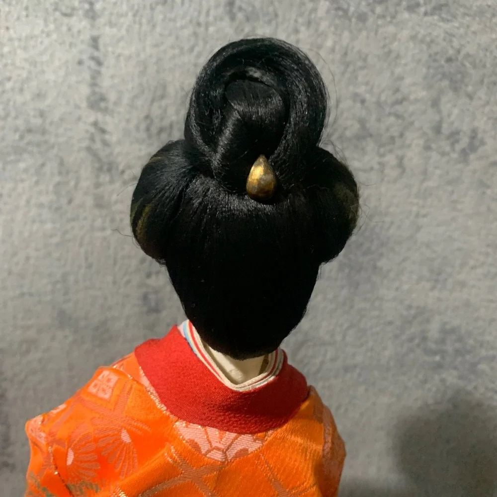 Vintage Japanese Geisha Doll Orange Silk Brocade Kimono Tatami Base 17 Inch